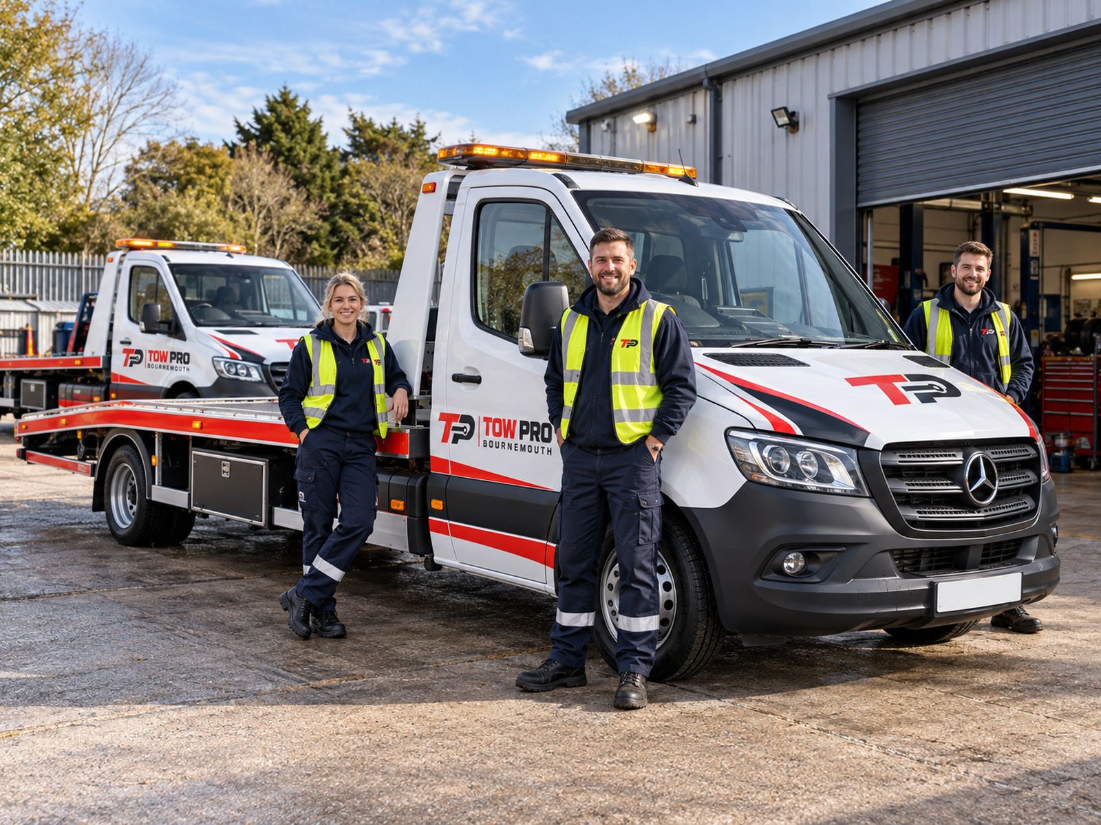 Tow Pro Bournemouth team in hi-vis standing in front of two recovery trucks at the depot