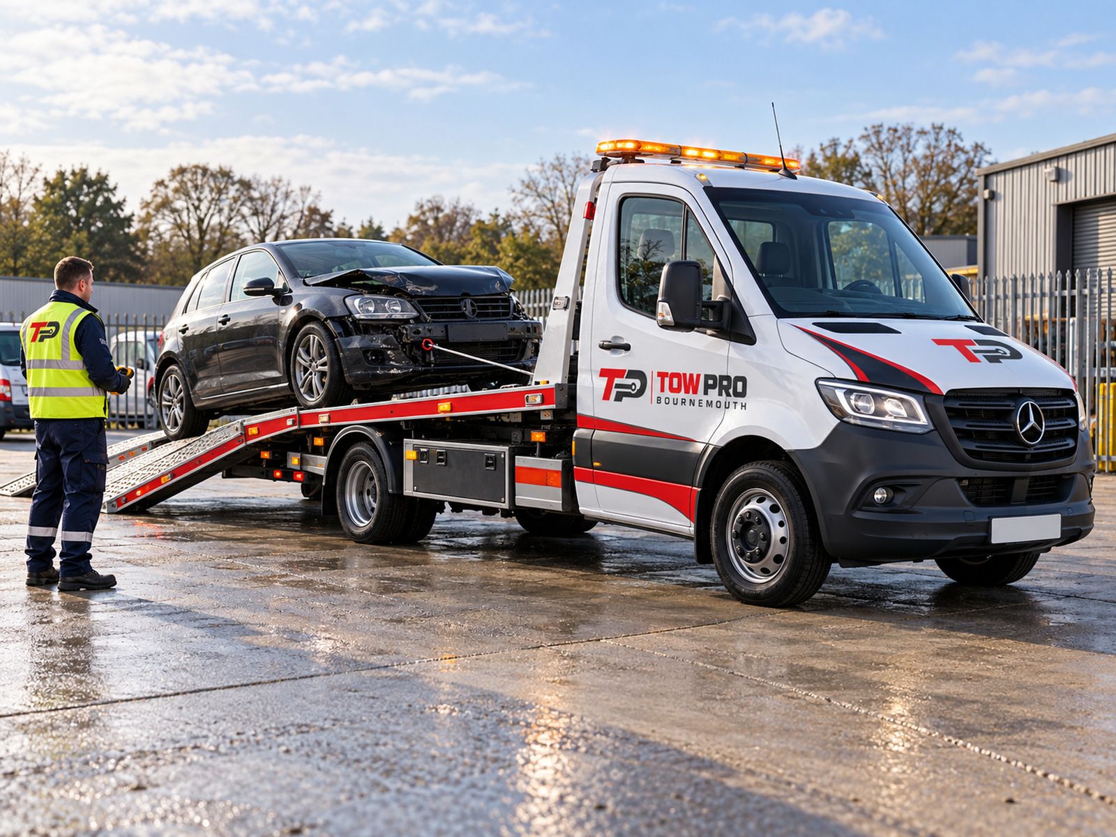 Car with front-end accident damage being winched onto a Tow Pro flatbed