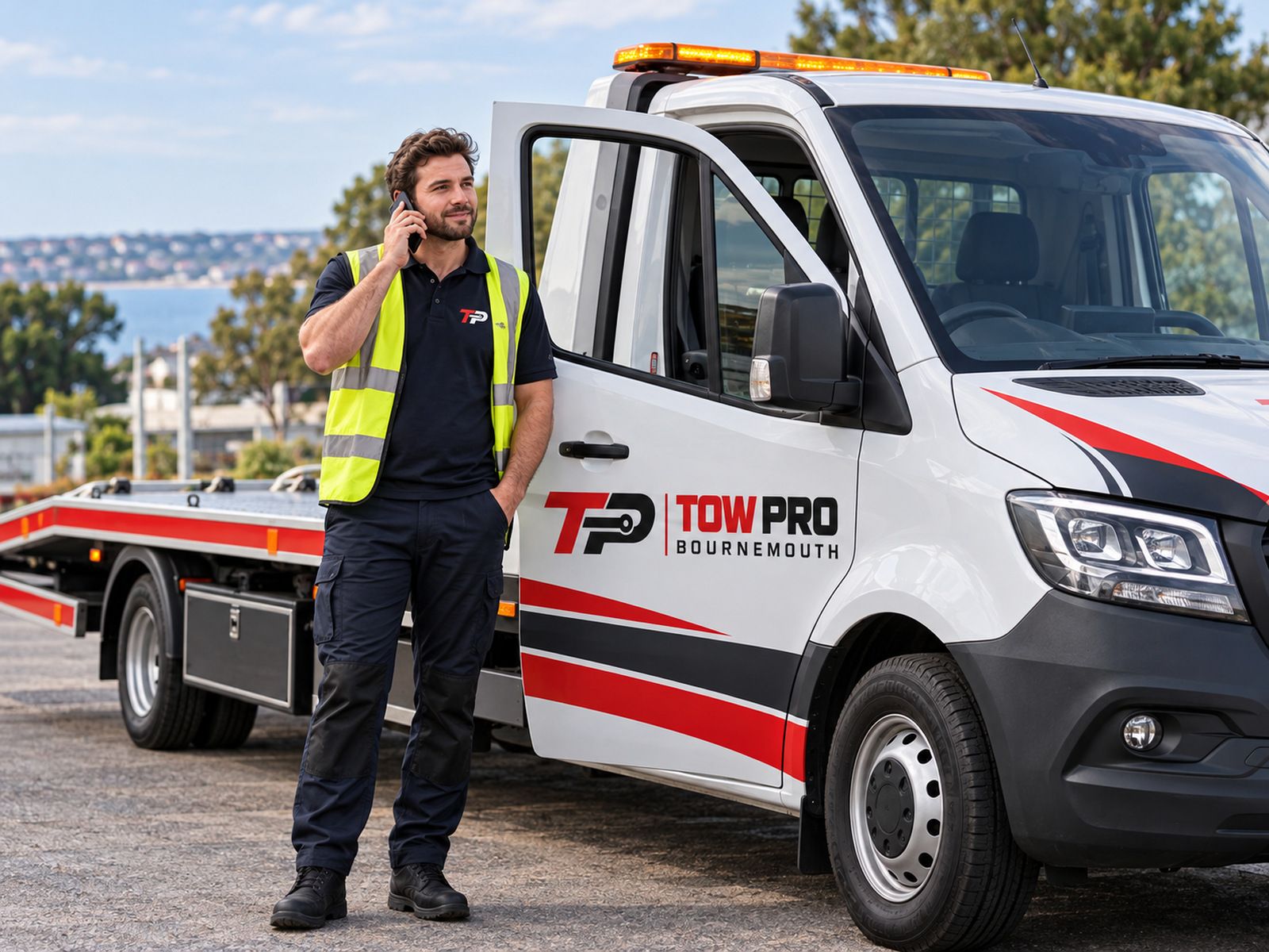 Tow Pro operator on the phone beside a Tow Pro recovery truck