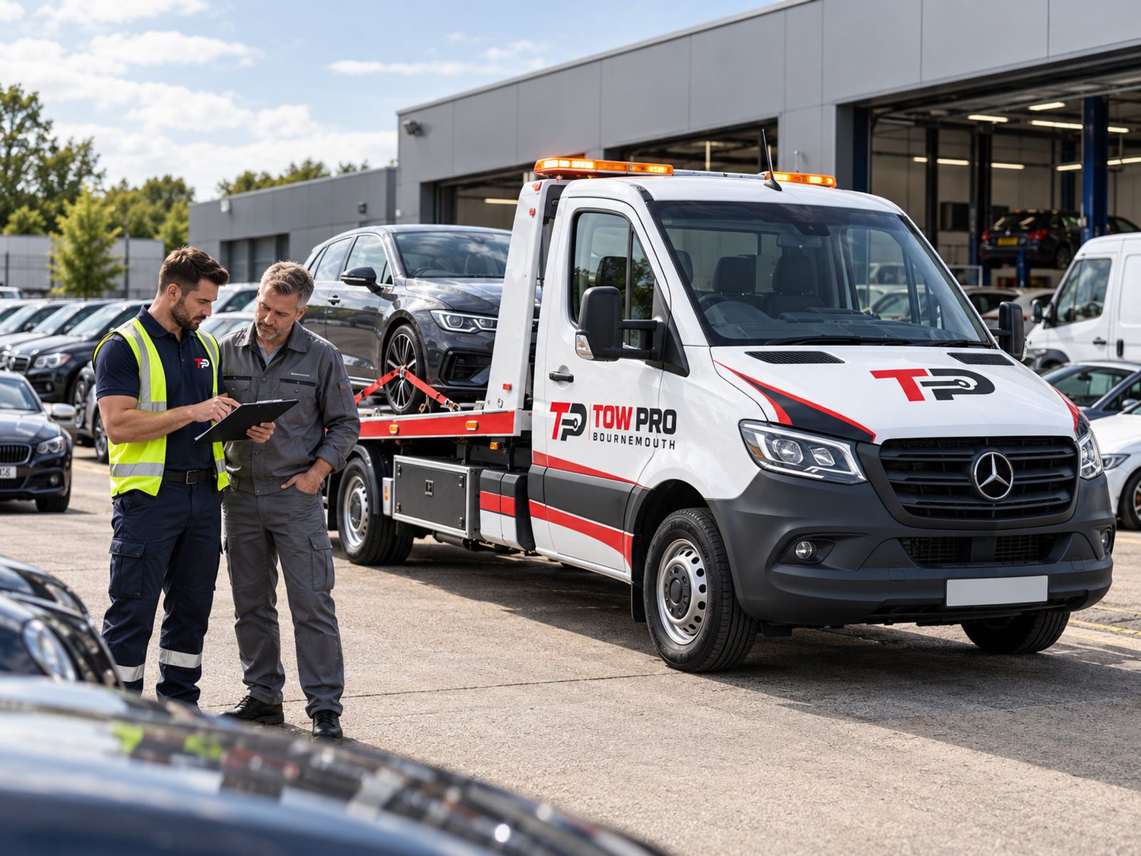 Tow Pro driver going through paperwork with a garage manager next to a loaded recovery truck
